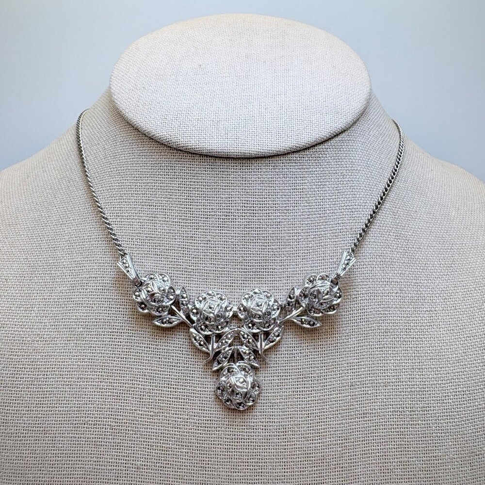 VTG Sterling Silver 925 Marcasite Flower Design Chain Necklace Size 15" Length